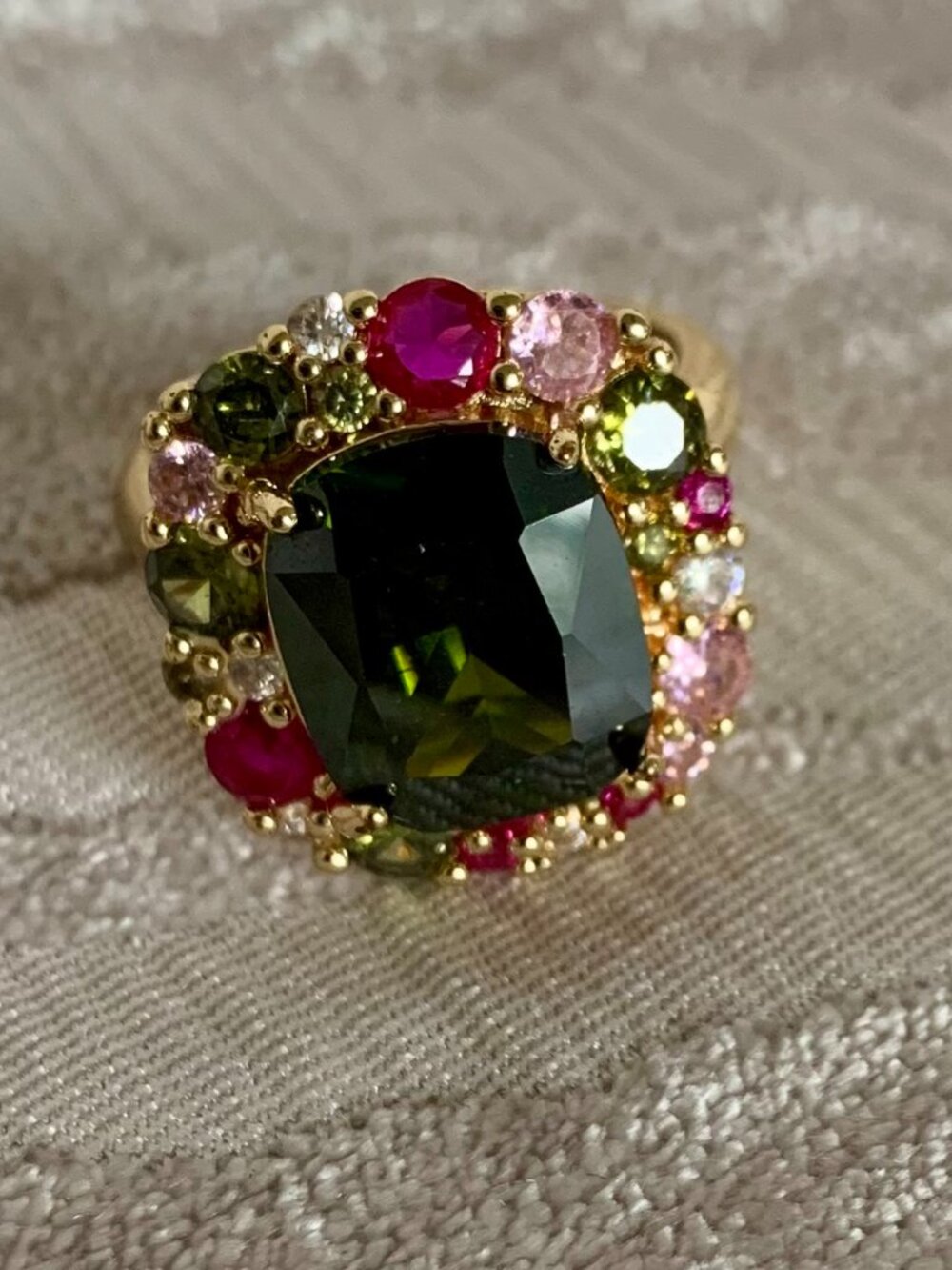 Stunning Multi-Color Gemstone Cushion Cut Gold Tone Cocktail Ring